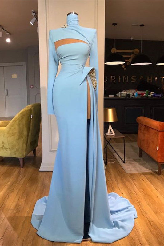 Long Sleeves High Neck Mermaid Prom Dress Long With Slit,F04808