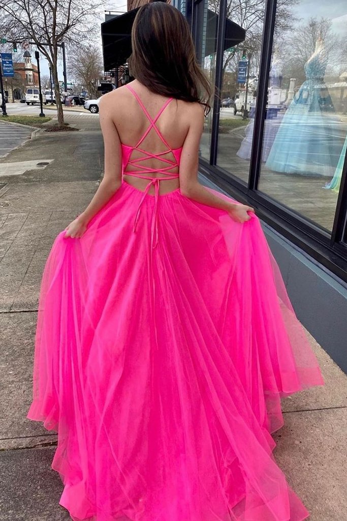 A Line V Neck Backless Hot Pink Prom Dresses, Open Back Hot Pink Long Formal Evening Dresses,DS1386