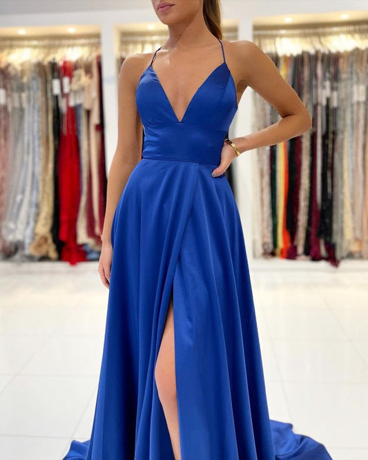 A Line V Neck Backless Royal Blue Long Prom Dresses, Open Back Royal Blue Long Formal Evening Dresses,DS1502