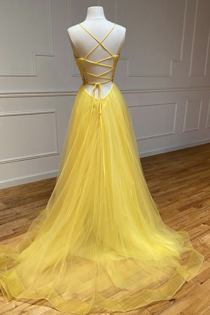 A Line V Neck Backless Yellow Long Prom Dresses, Open Back Yellow Long Formal Evening Dresses,DS1396