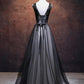 A Line V Neck Black Lace Prom Dresses, Black V Neck Lace Formal Evening Dresses,DS1401