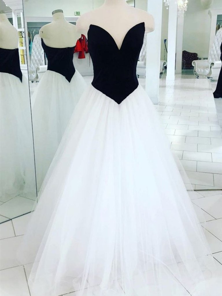 A Line V Neck Black White Prom Dresses, White Black Long Formal Evening Dresse,DS1397