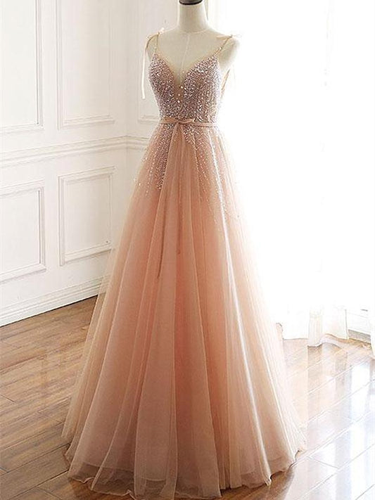A Line V Neck Champagne Tulle Long Beaded Prom Dresses, Champagne Long Formal Evening Dresses,DS3079