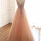A Line V Neck Champagne Tulle Long Beaded Prom Dresses, Champagne Long Formal Evening Dresses,DS3079