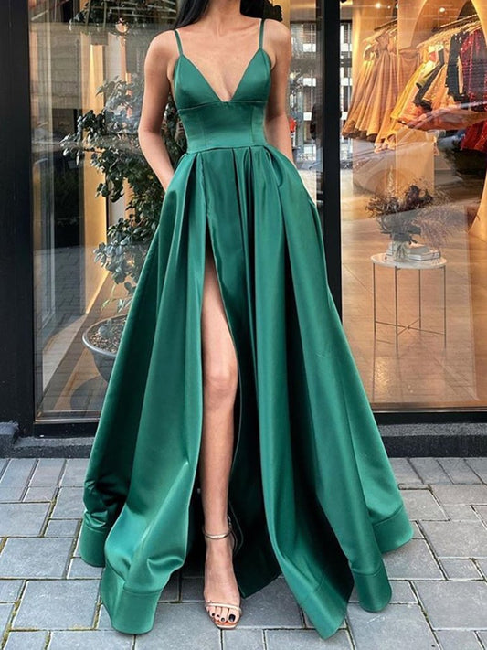 A Line V Neck Dark Green Long Prom Dresses with Leg Slit, High Slit Green Formal Evening Dresses,DS1670
