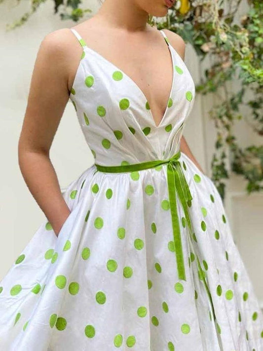 A Line V Neck Green Dot Long Prom Dresses, Green Dot Long Formal Evening Dresses,DS1446