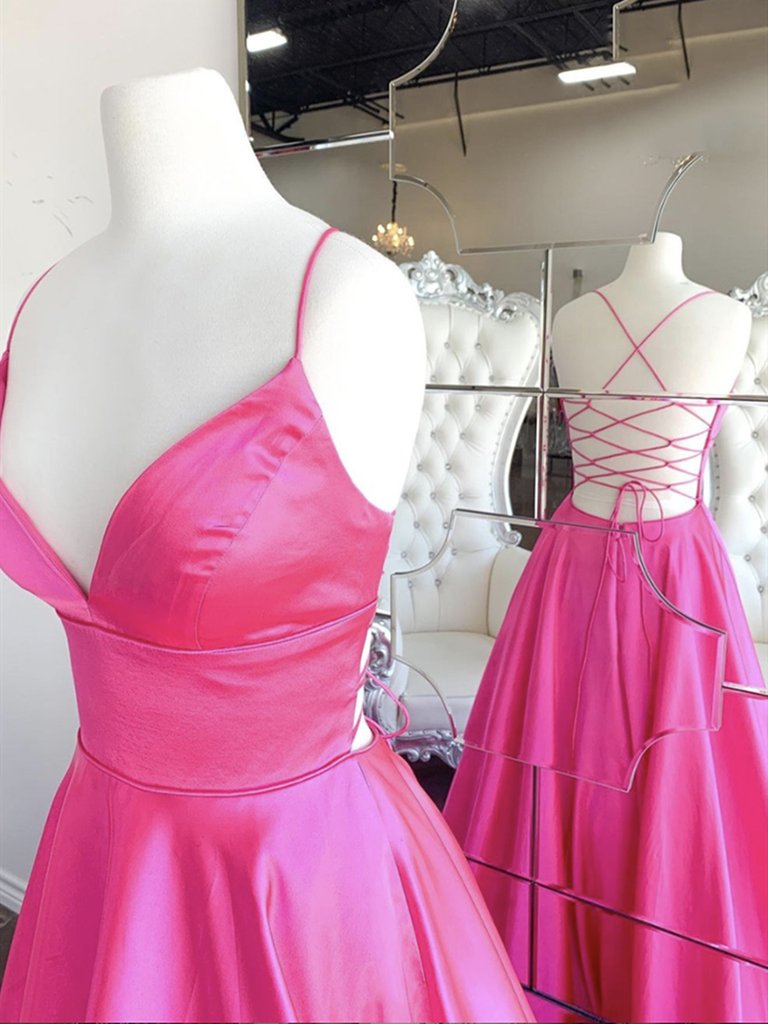 A Line V Neck Hot Pink Long Prom Dresses, V Neck Hot Pink Long Formal Evening Dresses,DS1576