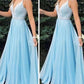 A Line V Neck Light Blue Beaded Prom Dresses, Light Blue Long Formal Evening Dresses,DS1417