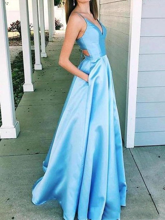 A Line V Neck Light Blue Cut Out Prom Dresses with Pockets, Light Blue Cut Out Long Formal Evening Dresses,DS1643