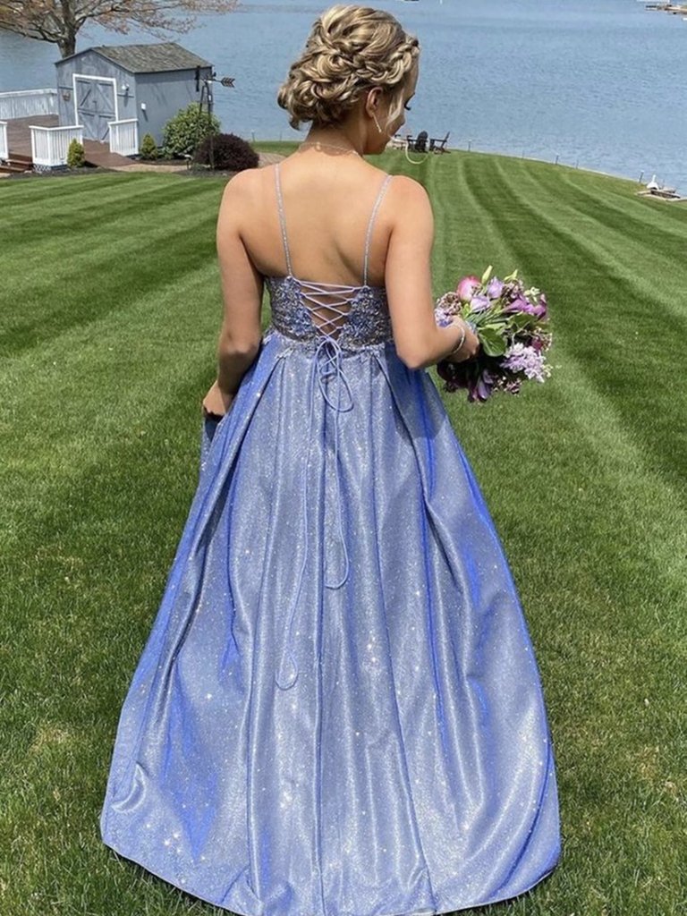 A Line V Neck Light Blue Lace Prom Dresses, Blue Lace Formal Evening Dresses,DS1385