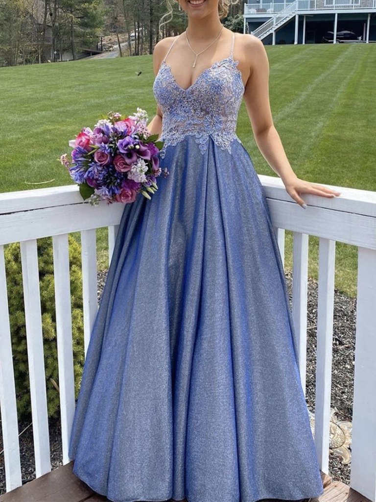 A Line V Neck Light Blue Lace Prom Dresses, Blue Lace Formal Evening Dresses,DS1385