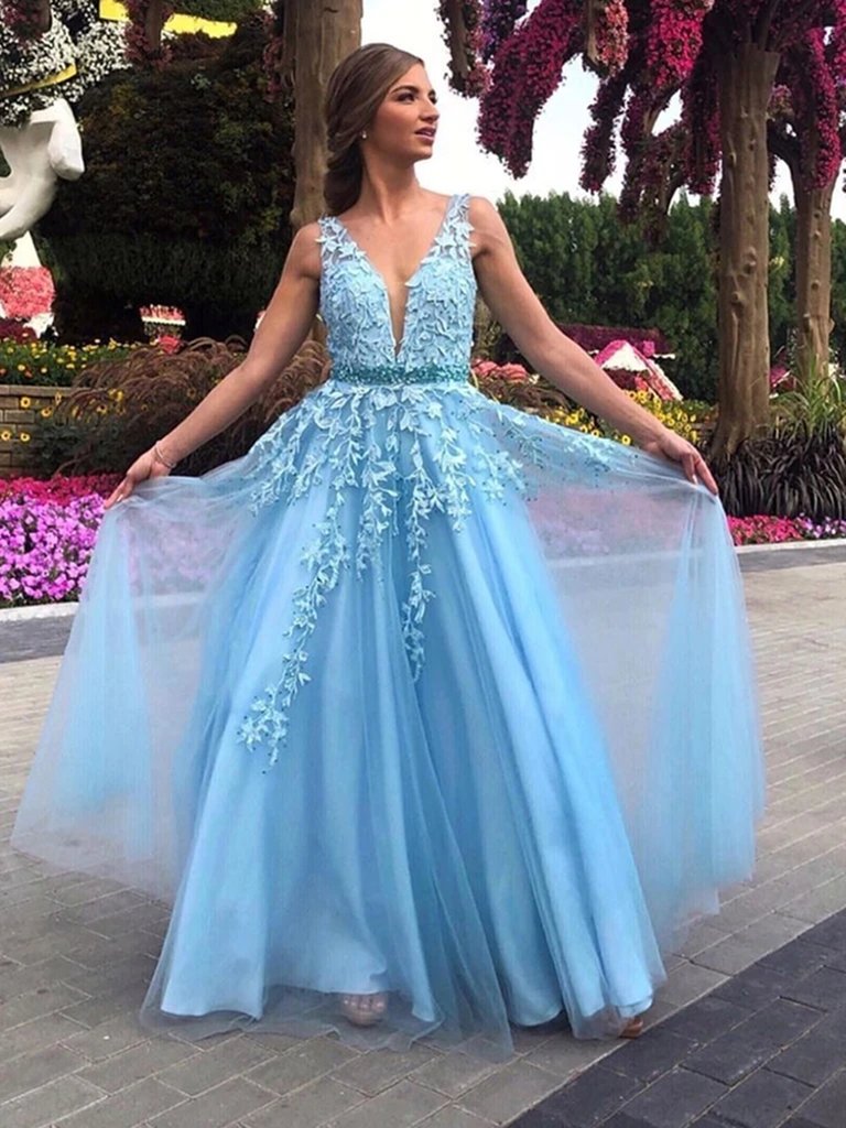 A Line V Neck Light Blue Lace Prom Dresses, Light Blue Lace Formal Evening Dresses,DS1440