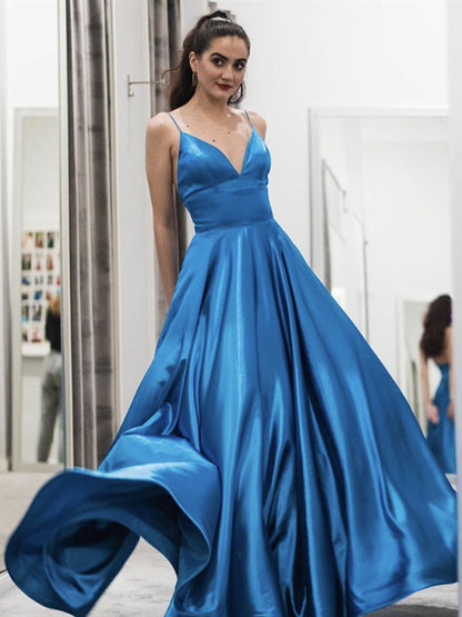 A Line V Neck Long Blue Prom Dresses, Blue V Neck Long Formal Evening Dresses,DS1574