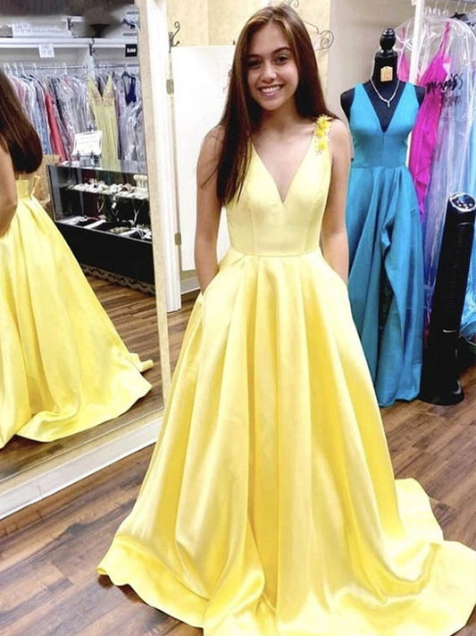 A Line V Neck Long Yellow Prom Dress with Flower Straps, V Neck Yellow Formal Evening Dresses,DS1671