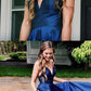 A Line V Neck Navy Blue Long Satin Prom Dresses, Navy Blue Long Formal Evening Dresses,DS1627