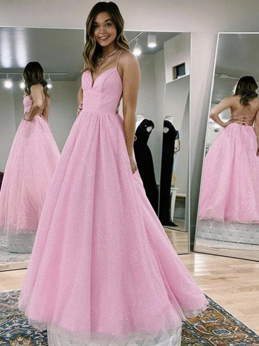 A Line V Neck Pink Backless Prom Dresses, Open Back Pink Long Formal Evening Dresses,DS1422