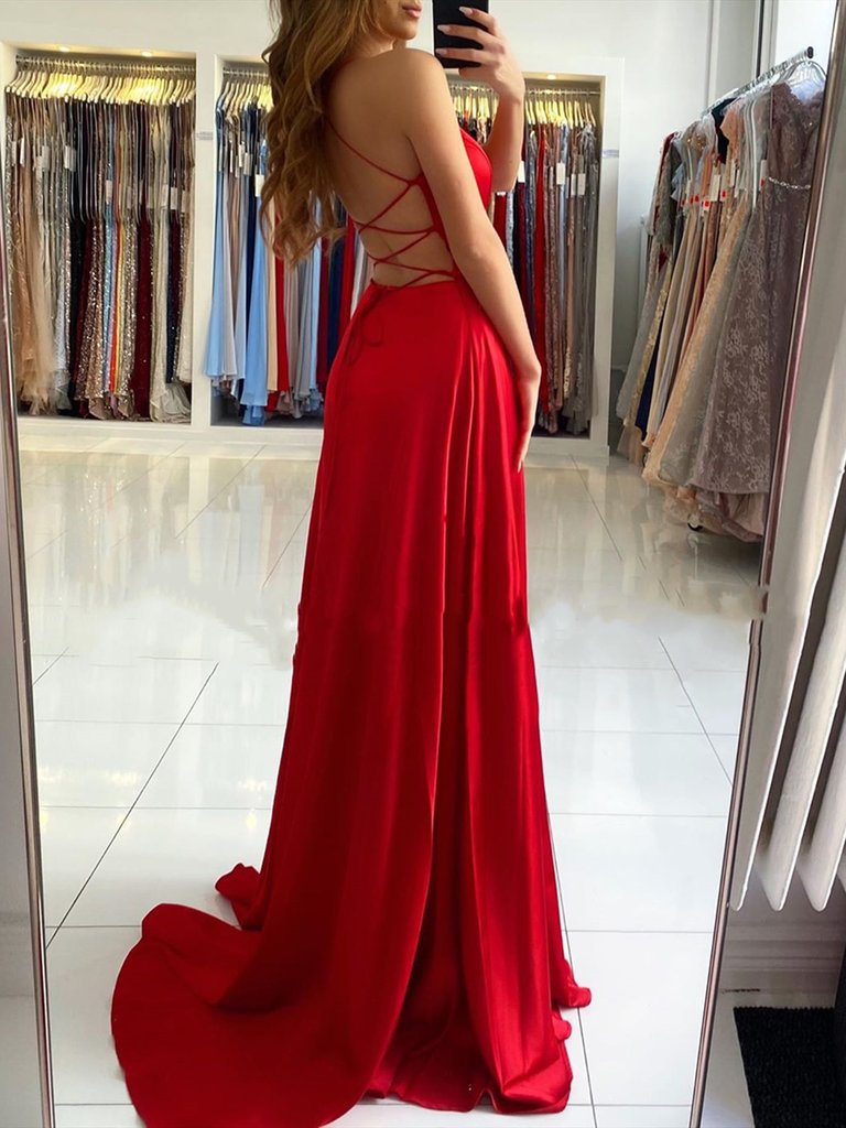 A Line V Neck Red Long Backless Prom Dresses, Red Long Backless Formal Evening Dresses,DS1652