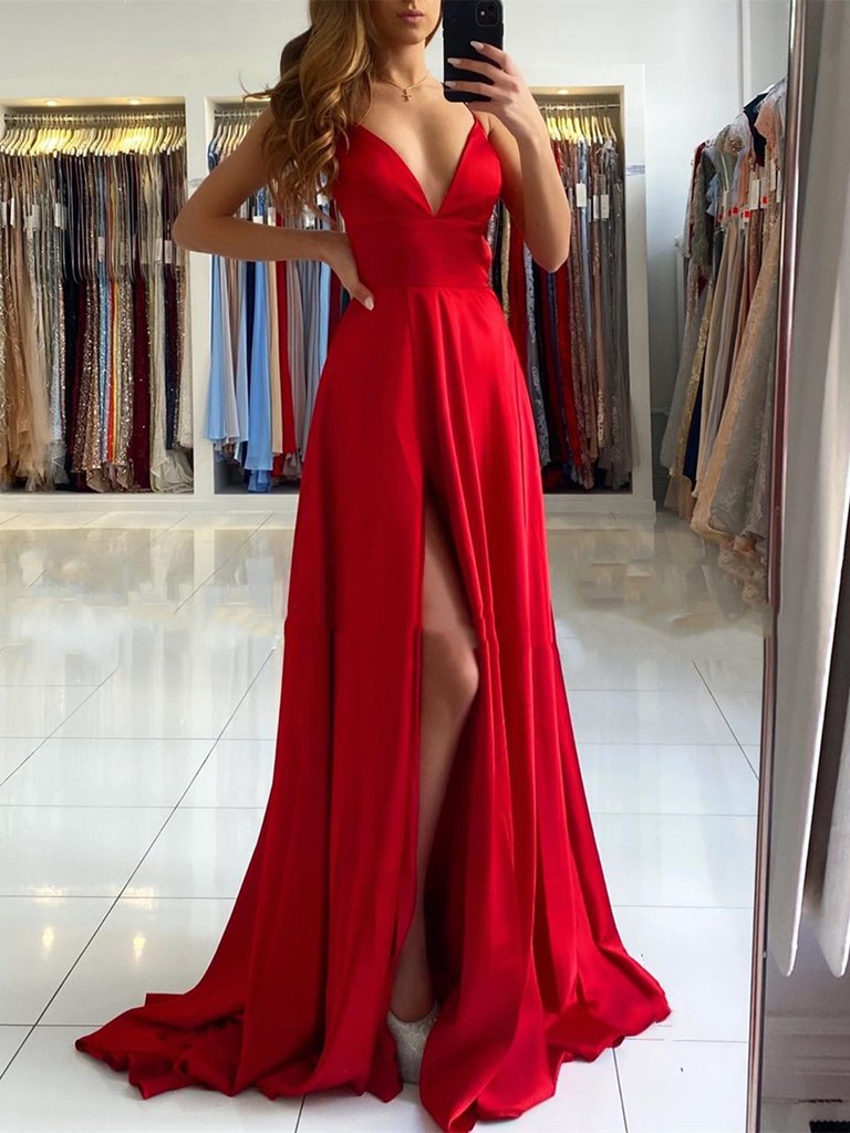 A Line V Neck Red Long Backless Prom Dresses, Red Long Backless Formal Evening Dresses,DS1652