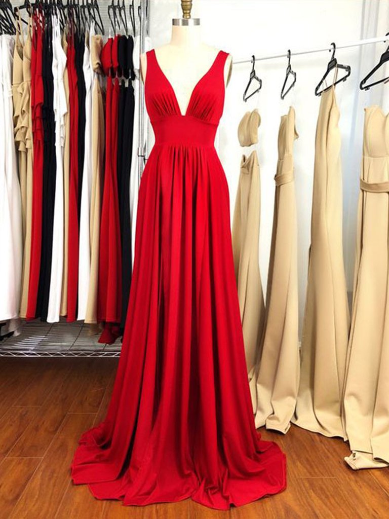 A Line V Neck Red Long Prom Dresses, Red V Neck Long Formal Evening Bridesmaid Dresses,DS1638