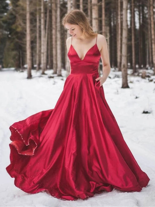 A Line V Neck Red Satin Prom Dresses, Red V Neck Formal Evening Dresses,DS1509