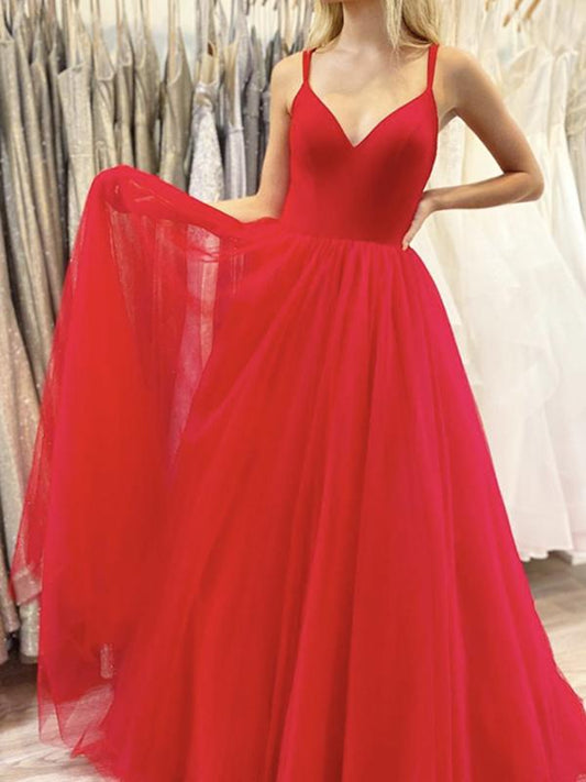 A Line V Neck Red Tulle Long Prom Dresses, Red V Neck Long Formal Evening Dresses,DS3078