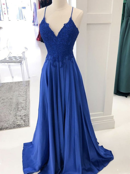 A Line V Neck Royal Blue Lace Prom Dresses, Royal Blue Lace Formal Evening Dresses,DS1414