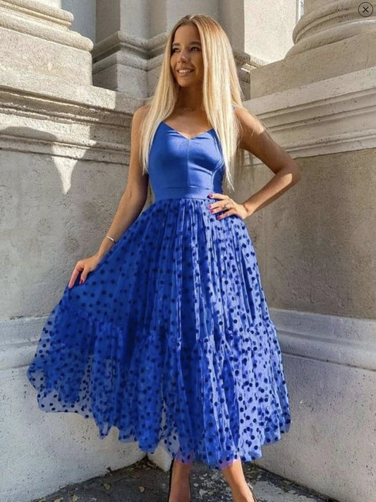A Line V Neck Royal Blue Tea Length Prom Dresses, Royal Blue Tea Length Formal Evening Dresses,DS1382