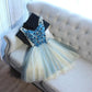 A Line V Neck Short Blue Floral Prom Dresses, Short Floral Blue Graduation Homecoming Dresses,DS1370
