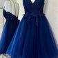 A Line V Neck Short Blue Prom Dresses, Short Blue Lace Graduation Homecoming Dresses,DS1364