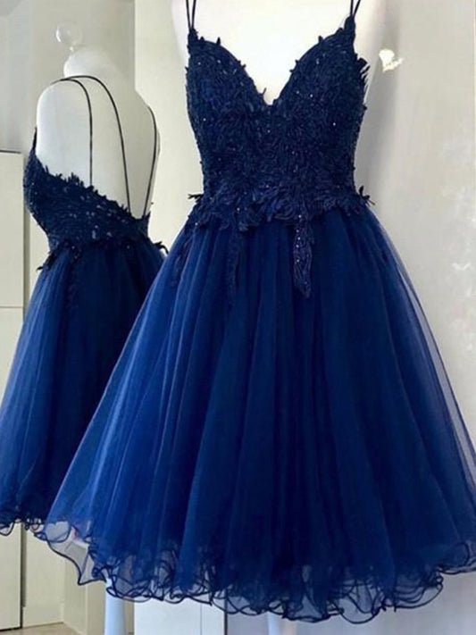 A Line V Neck Short Blue Prom Dresses, Short Blue Lace Graduation Homecoming Dresses,DS1364