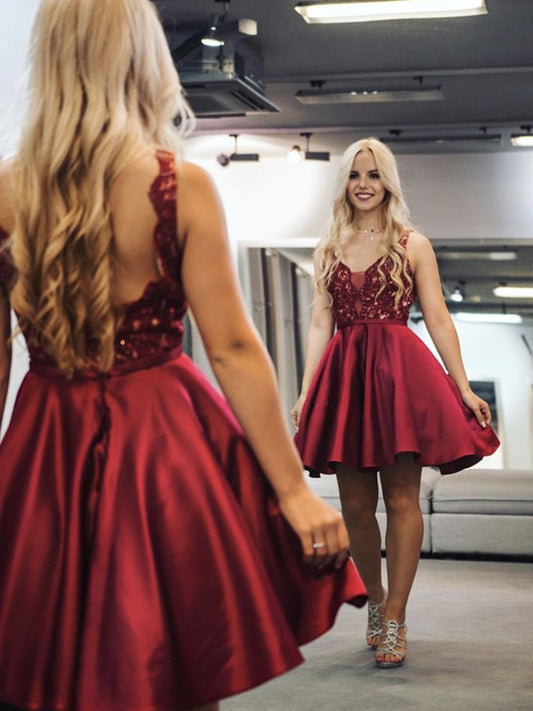 A Line V Neck Short Burgundy Lace Prom Dresses, Wine Red Short Lace Formal Graduation Dresses,DS1650
