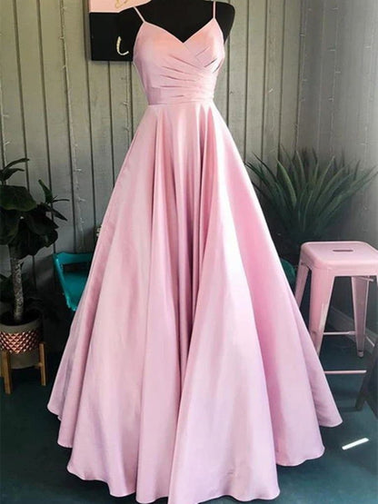 A Line V Neck Pink Spaghetti Straps Satin Long Prom Dresses, Pink Long Formal Evening Graduation Dresses,DS1663