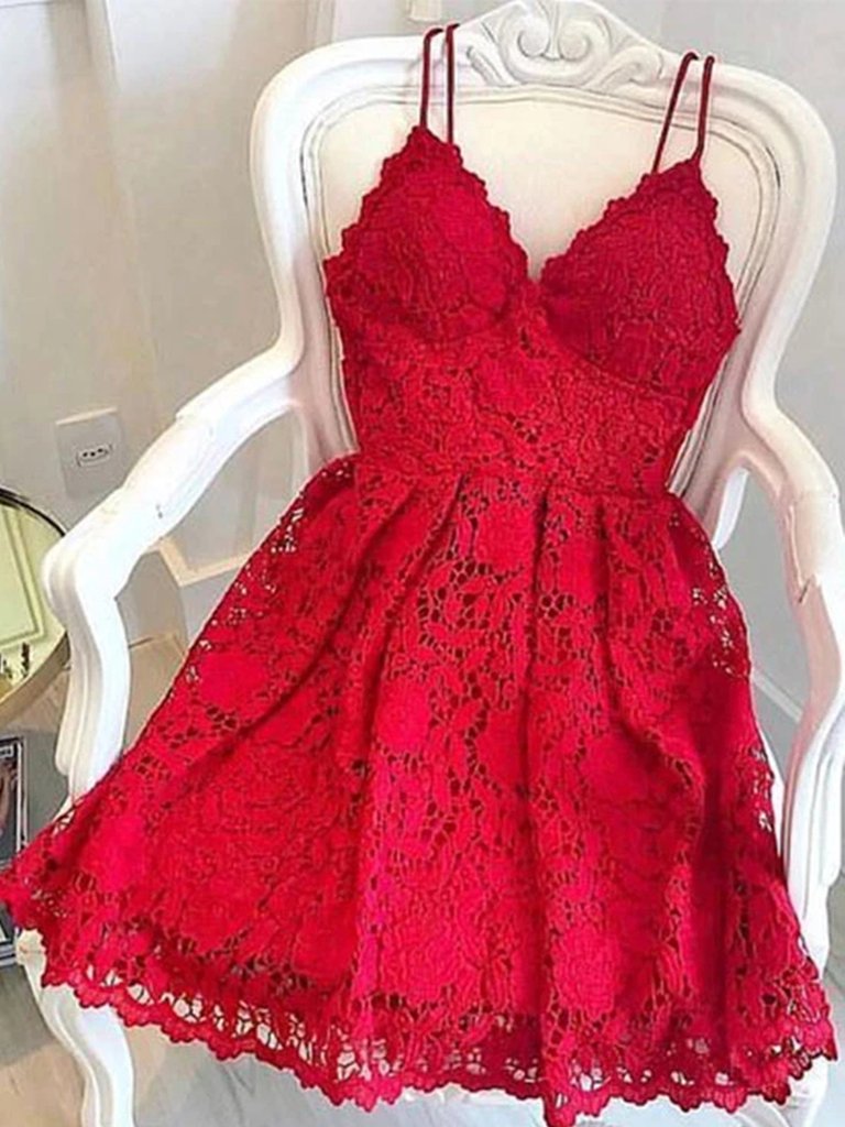 A Line V Neck Short Red Lace Prom Dresses, Short Red Lace Formal Homecoming Graduation Dresses,DS1662