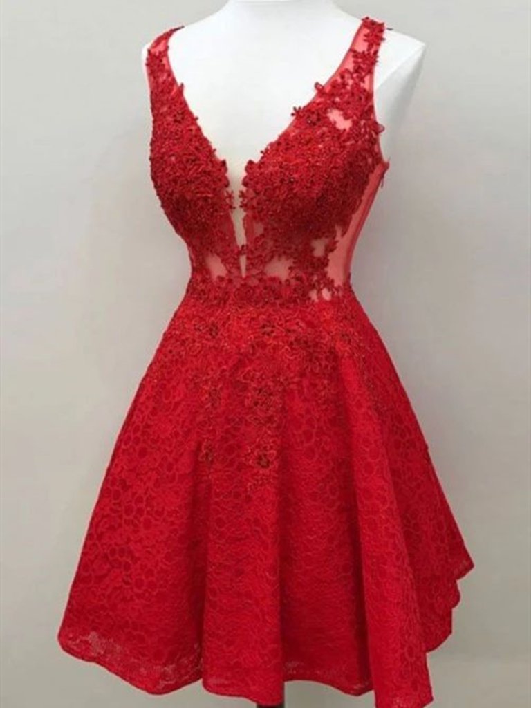 A Line V Neck Short Red Lace Prom Dresses, Short Red Lace Formal Homecoming Graduation Dresses,DS1658
