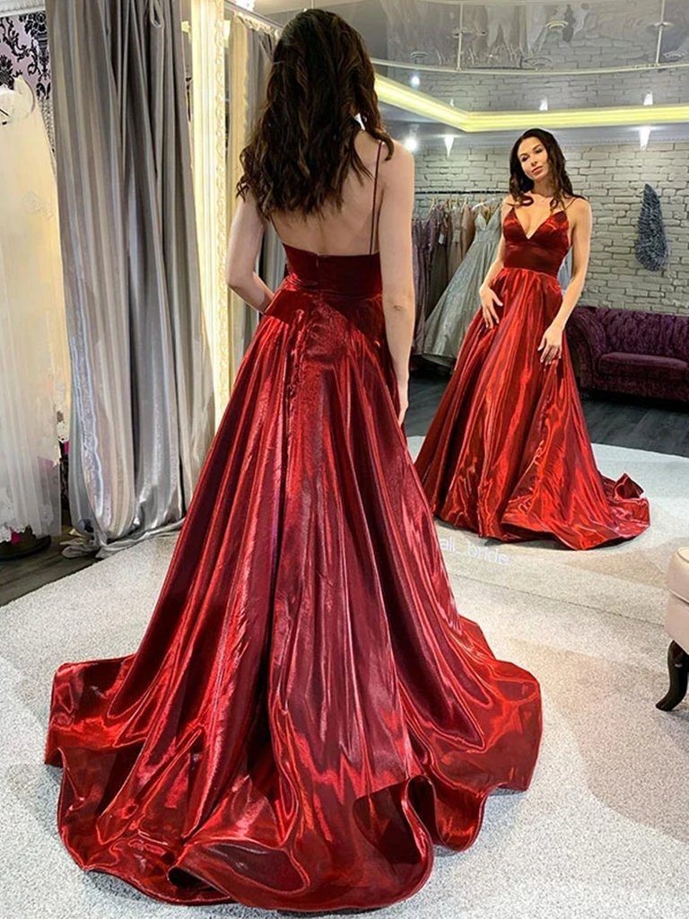 A Line V Neck Spaghetti Straps Burgundy Long Prom Dresses, Wine Red Long Formal Evening Dresses,DS1543