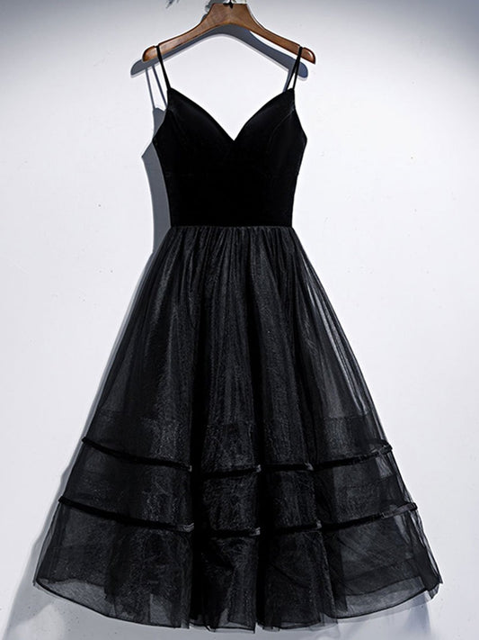 A Line V Neck Tea Length Black Velvet Prom Dresses, Black Tea Length Graduation Homecoming Dresses,DS3076