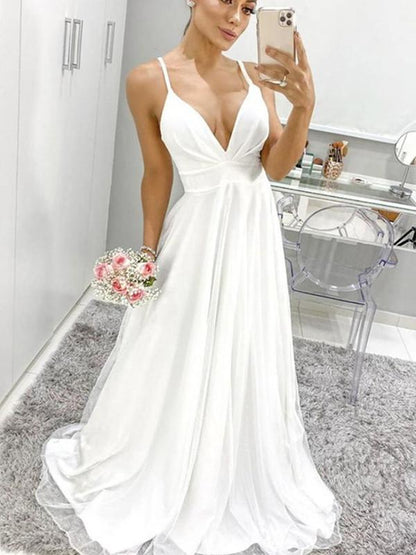 A Line V Neck Straps White Chiffon Long Prom Dress Simple Wedding Dresses,DS2627
