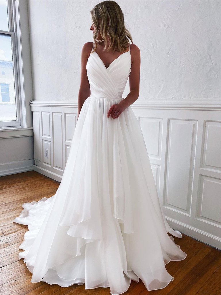 A Line V Neck White Wedding Dresses, V Neck White Prom Formal Dresses,DS1479