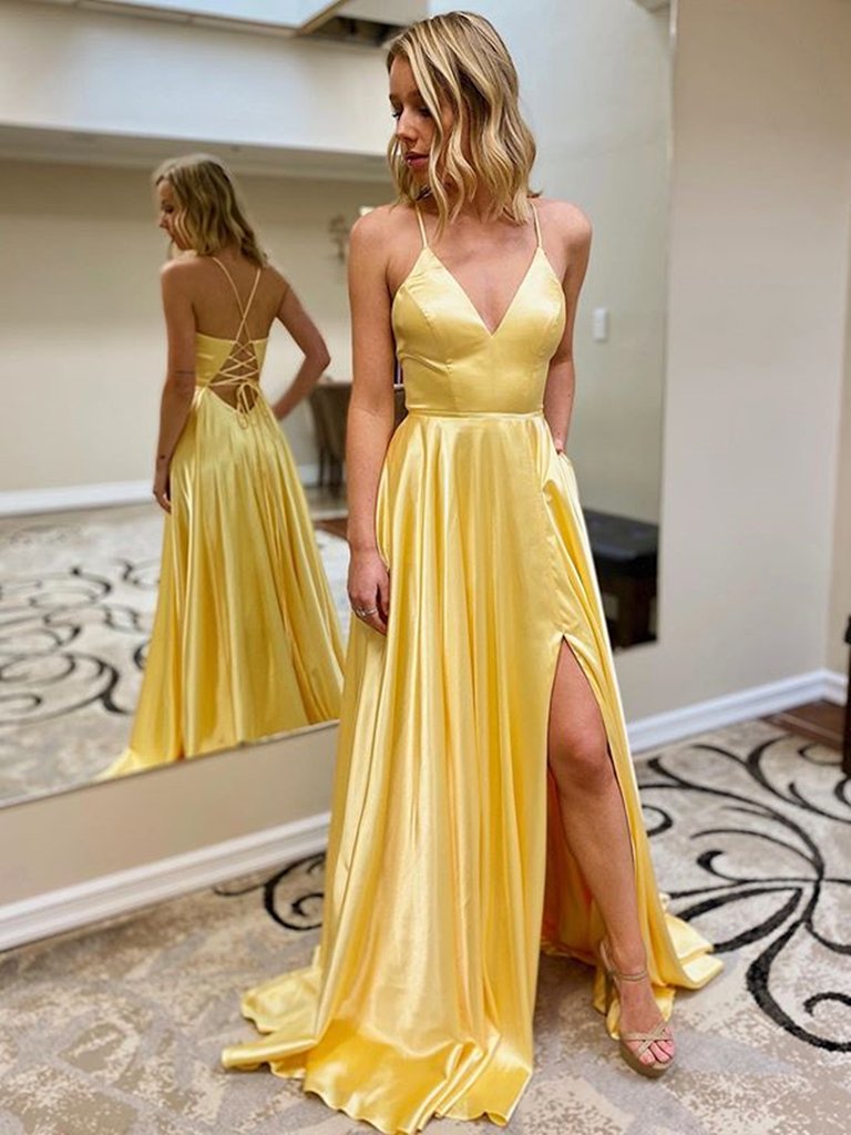 A Line V Neck Yellow Satin Backless Long Prom Dresses, Open Back Yellow Long Formal Evening Dresses,DS1644