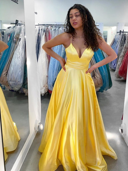 A Line V Neck Yellow Satin Long Prom Dresses, Yellow Satin Long Formal Evening Dresses,DS1524