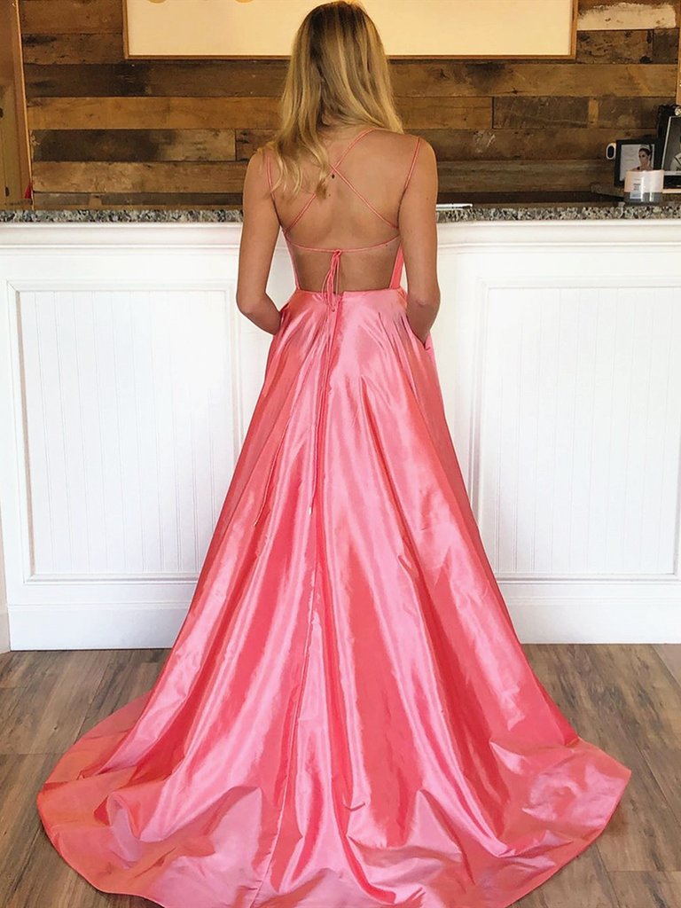 A Line V Neck Backless Hot Pink Prom Dresses, Open Back Hot Pink