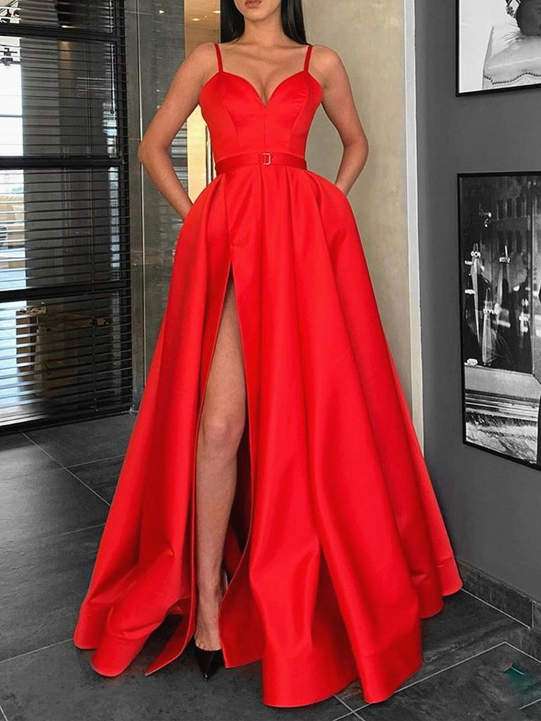 A Line Sweetheart Neck Red Long Prom Dresses with Leg Slit, Red Long Formal Graduation Evening Dresses,DS1805