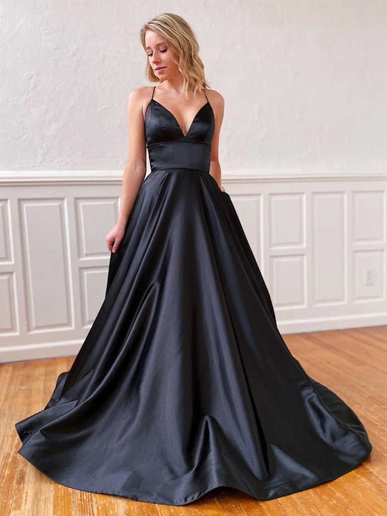 A Line V Neck Black Backless Satin Prom Dresses, Black Open Back Long Formal Evening Dresses.DS1686