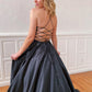 A Line V Neck Black Backless Satin Prom Dresses, Black Open Back Long Formal Evening Dresses.DS1686