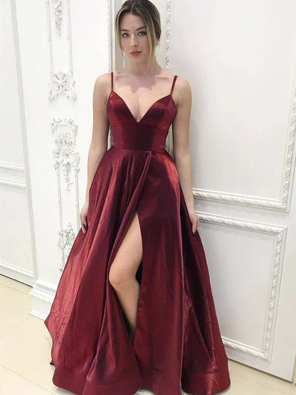 A Line V Neck Burgundy Long Prom Dresses with Leg Slit, Wine Red Long Formal Evening Graduation Dresses.DS1680