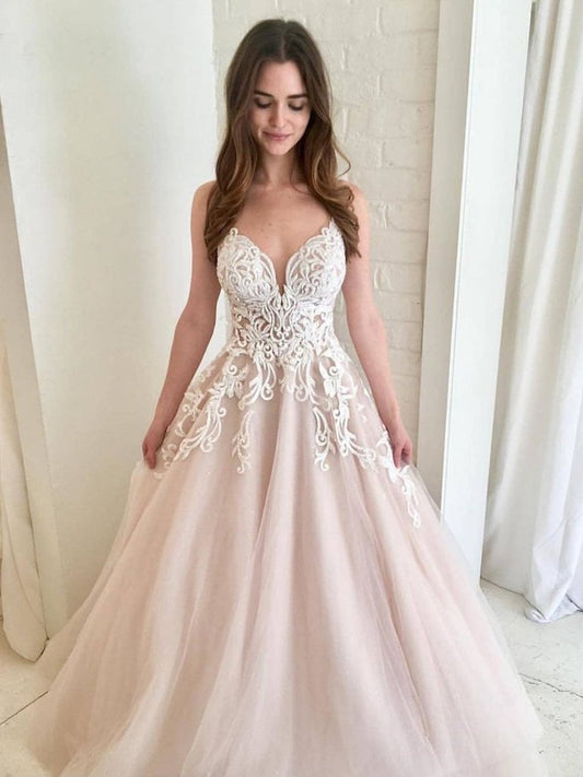 A Line V Neck Champagne Tulle Prom Dresses with White Lace, Long Lace Wedding Dress Formal Dresses,DS1760