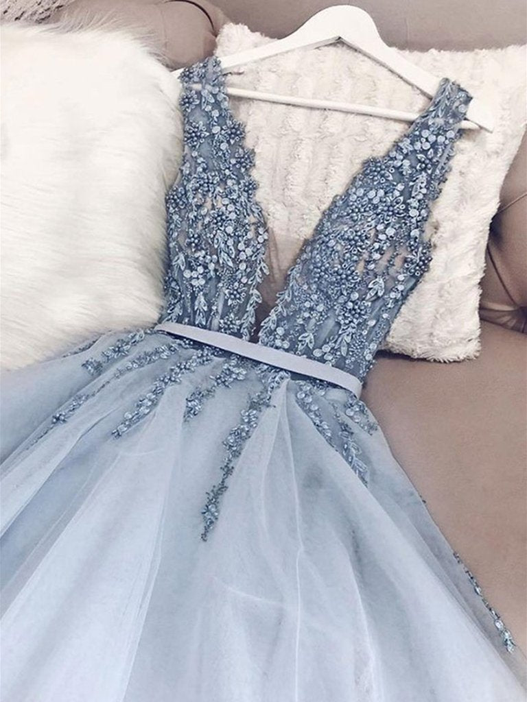A Line V Neck Light Blue Beaded Tulle Prom Dresses Long, V Neck Long Blue Formal Evening Dresses,DS1765