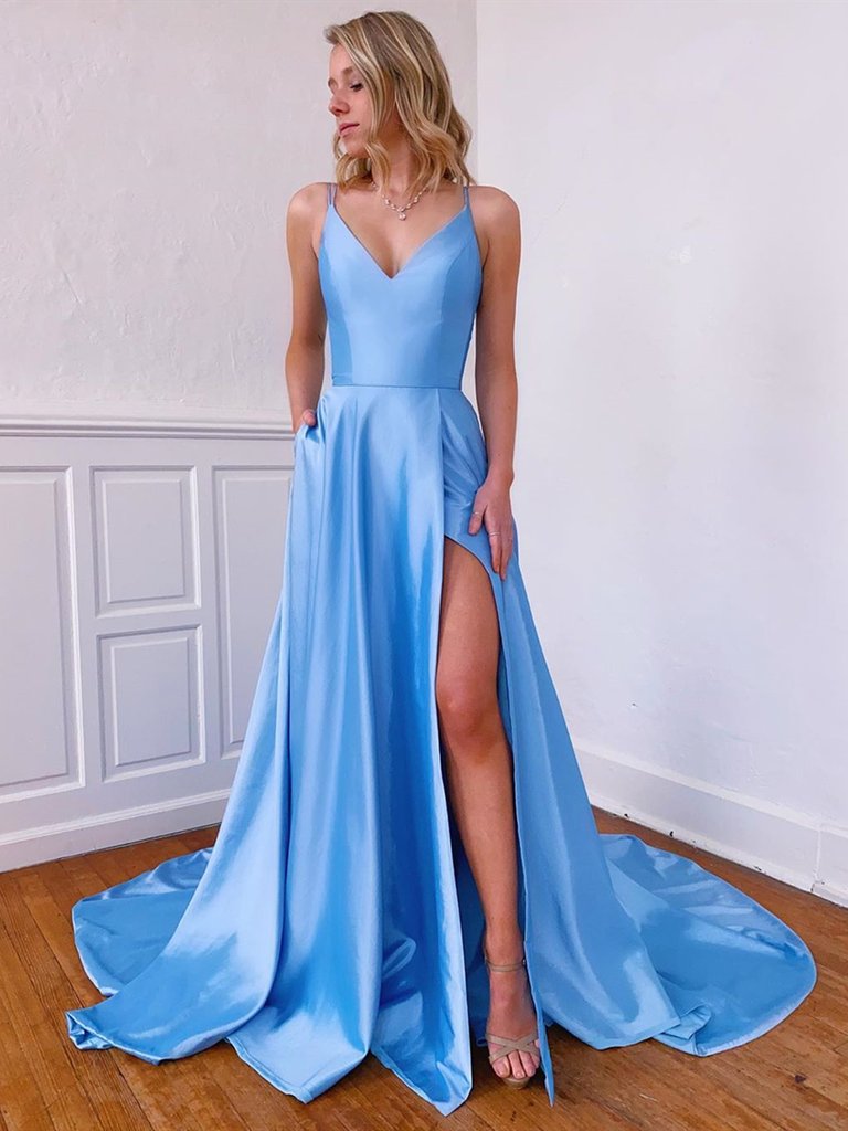 A Line V Neck Long Blue Satin Prom Dresses with Leg Slit, Long Blue Satin Formal Evening Dresses.DS1684