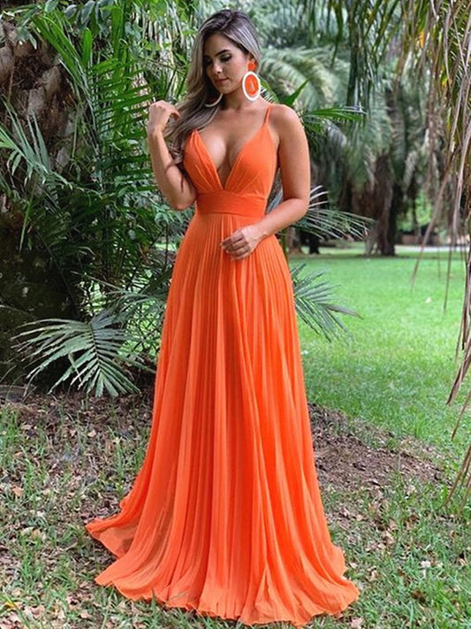 A Line V Neck Orange Backless Prom Dresses, Open Back Orange Formal Evening Dresses,DS1723