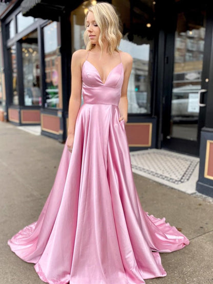 A Line V Neck Pink Backless Long Prom Dress, Pink Open Back Fomal Graduation Evening Dresses,DS1714